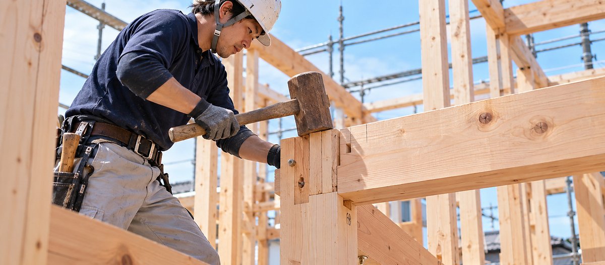 建築大工が木造住宅の柱と梁を組み立てている様子