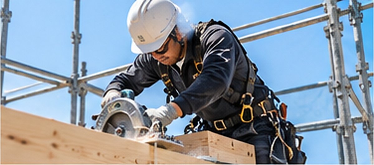 建築大工が安全装備を着けて電動工具で木材を加工している様子