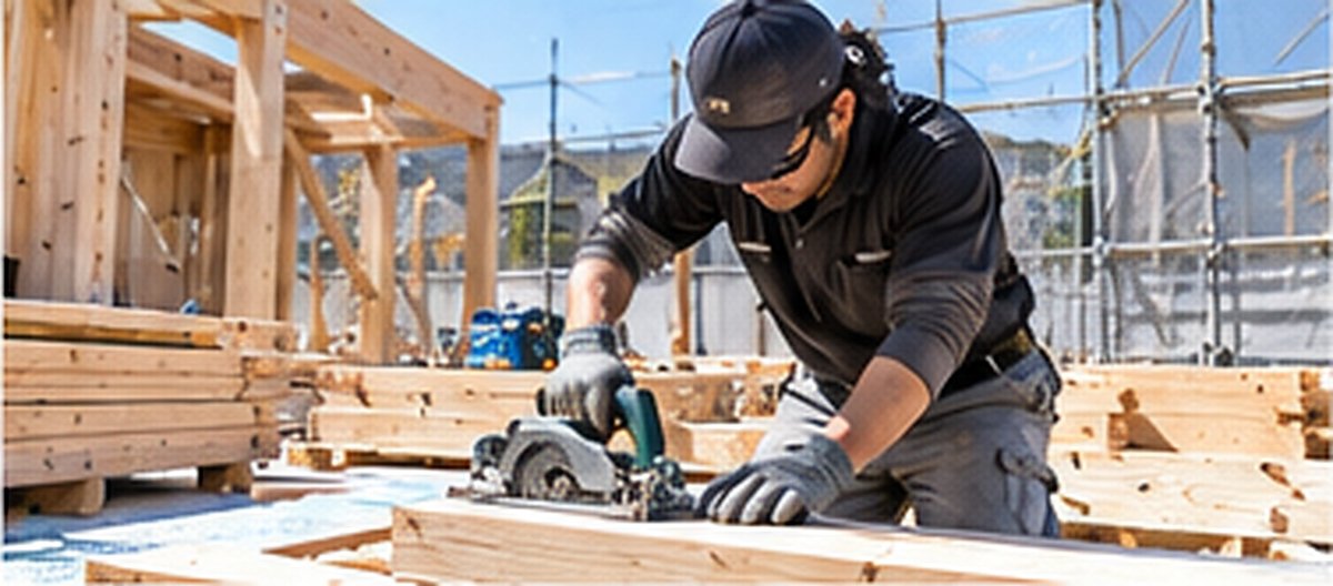 建築大工が木材を丸のこで加工している様子