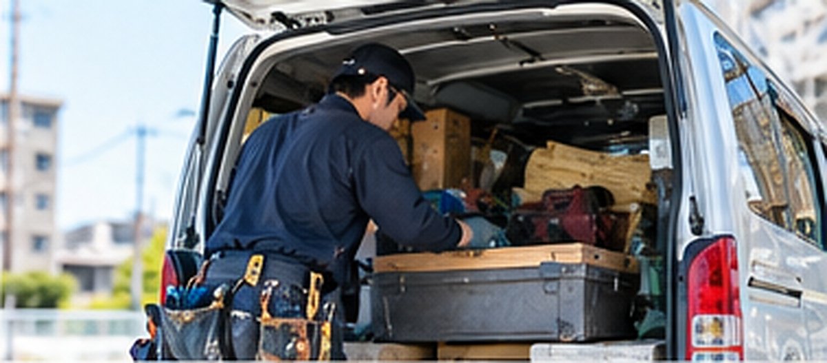 建築大工が工具や木工道具を社用車に積み込んでいる様子