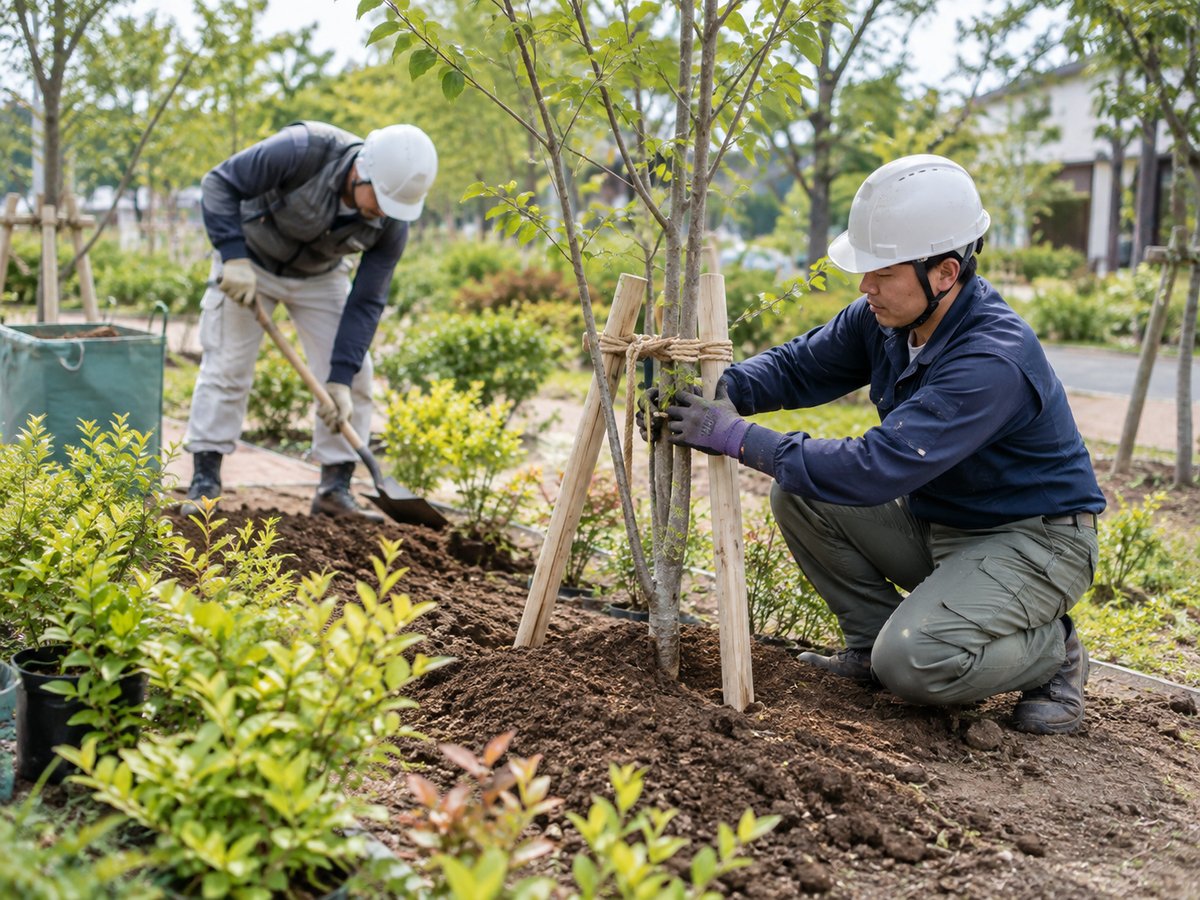 造園工が公園で樹木を植栽し支柱を設置している様子