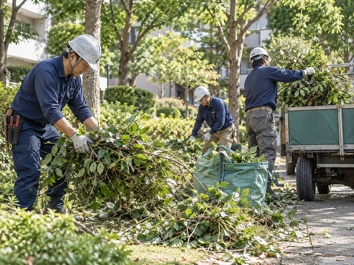 造園工が剪定後の枝葉を集めて清掃している作業風景
