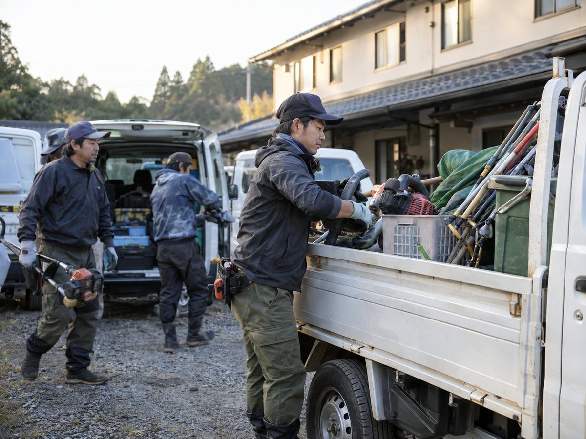 造園工が道具を車に積み込み現場へ向かう準備をしている様子