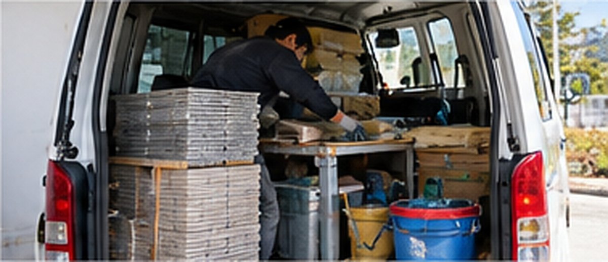 タイル工がタイルと工具を社用車に積み込んでいる様子
