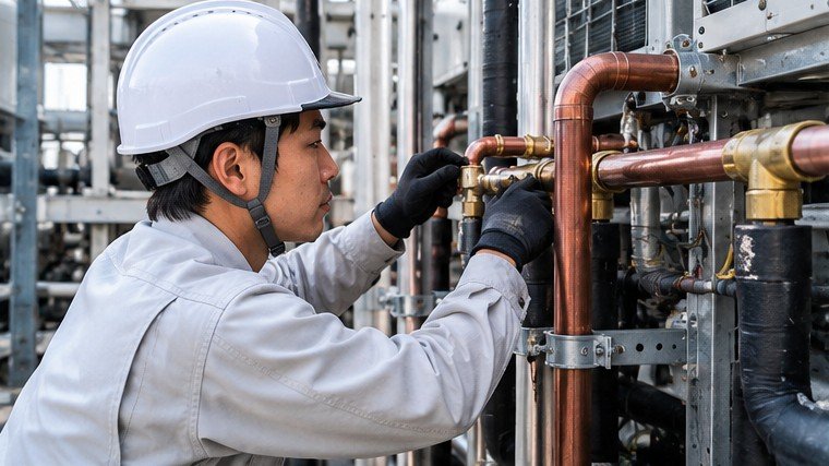 冷凍空調設備工が業務用空調機の冷媒配管を接続している様子