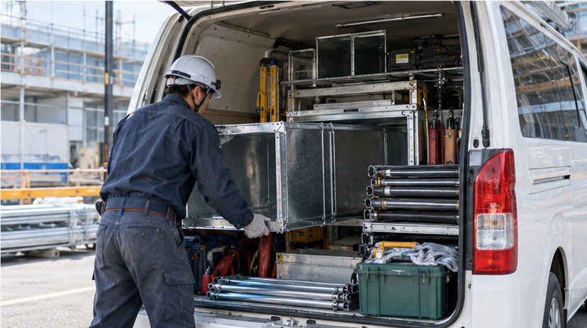 ダクト工が社用バンへダクト部材と工具を積み込んでいる様子
